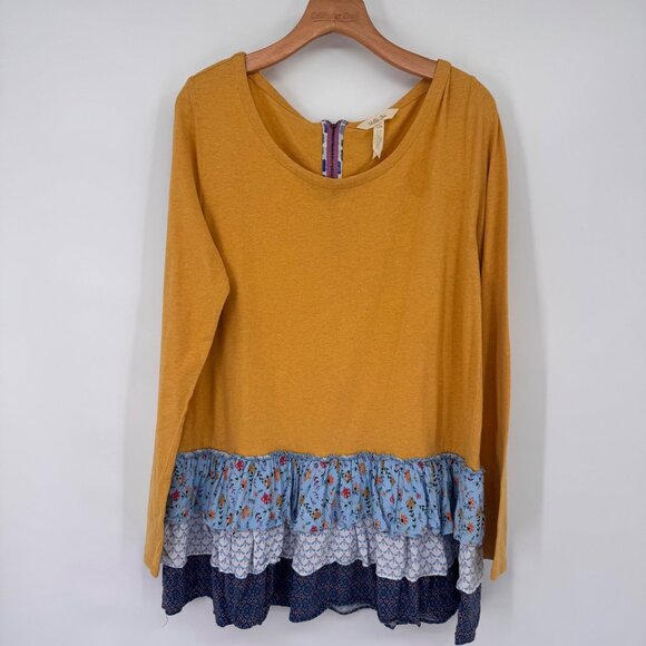 Matilda Jane Mustard Long Sleeve Top boho Floral Ruffled Hem Womens size large - Picture 4 of 13